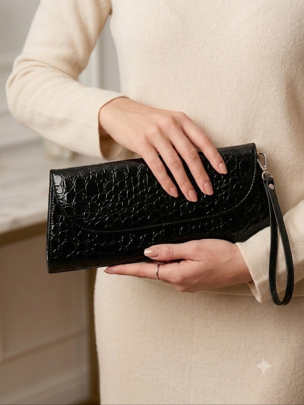 Black Patent Croc Wristlet Clutch